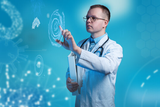 The doctor conducts research using holograms. Future Healthcare Concept