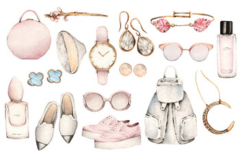 Watercolor Fashion Illustration. set of trendy accessories. Cherry Blossom. shoes, earrings, sunglasses, backpack, pendant, bracelet, perfume, bag, watches, ring, hair stick
