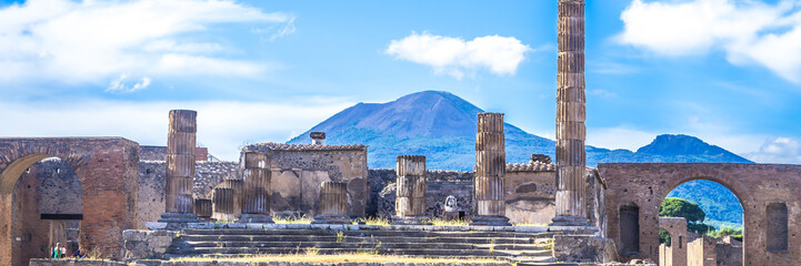 Ancient ruins of Pompeii, Italy. Web banner panoramic view.