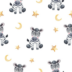 watercolor cute zebra and stars  seamless pattern on white background for fabric,baby textile,pajamas,branding,invitations,scrapbooking,wrapping