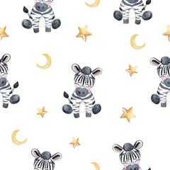 watercolor cute zebra and stars  seamless pattern on white background for fabric,baby textile,pajamas,branding,invitations,scrapbooking,wrapping © dreamloud