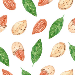 watercolor almond nuts seamless pattern on white background for fabric, textile, branding, wrapping paper