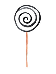 watercolor black and white lollipop on stick isolated on white background. Halloween sweet candy for party and cards decoration