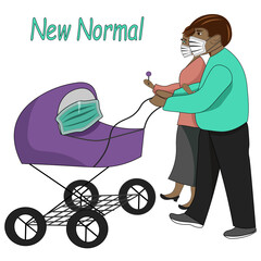 Parents are walking with their baby in a pram. All of them are wearing medical face masks according to new normal.