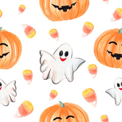 watercolor halloween ghost and pumpkins seamless pattern on white background for fabric, textile, wrapping, scrapbooking paper