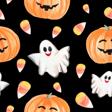 watercolor halloween ghosts and orange pumpkins seamless pattern on black background for fabric, textile, wrapping, scrapbooking