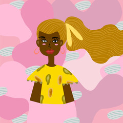 Dark skin woman dressed in modern style on a pink patterned background, Illustration of Asian women wearing yellow shirts, looking modern
