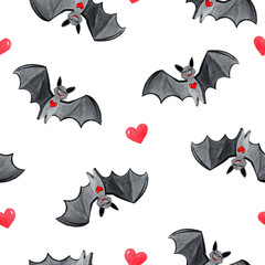 Fototapeta premium watercolor bats and red hearts seamless pattern on white background. Halloween design for fabric, textile, scrapbooking,wrapping, wallpaper, clothes