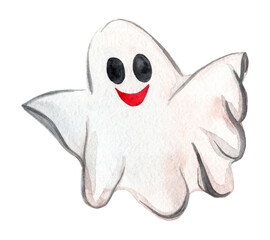 Fototapeta premium watercolor smiling flying white ghost isolated on white background 