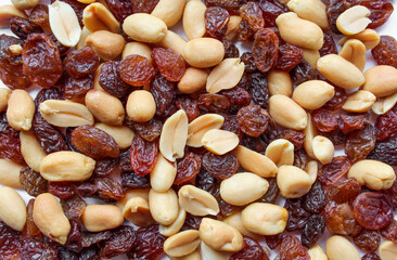 Background texture of mixed,healthy peanuts and raisins.