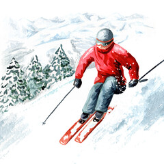 Fototapeta na wymiar Skier in the ski mountain resort, winter recreation and vacation concept. Hand drawn watercolor illustration