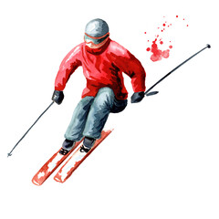Fototapeta na wymiar Skier, winter recreation and vacation concept. Hand drawn watercolor illustration isolated on white background