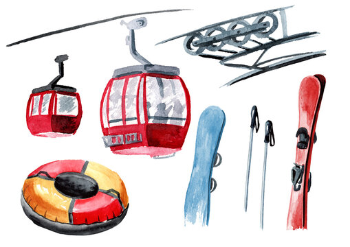 Skis, Ski Poles, Snowboard, Snow Tube, Funicular Booths, Cablewa., Winter Recreation And Vacation Concept Elements. Hand Drawn Watercolor Illustration Isolated On White Background