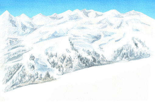Snowy mountain background, winter recreation and vacation concept, Hand drawn watercolor illustration with copy space