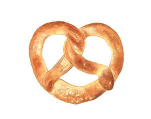 Watercolor illustration of the traditional pretzel with sea salt. Tasty and warm, golden and aromatic bakery can be used as an element of design or as a standalone picture. Bon appetite! - obrazy, fototapety, plakaty