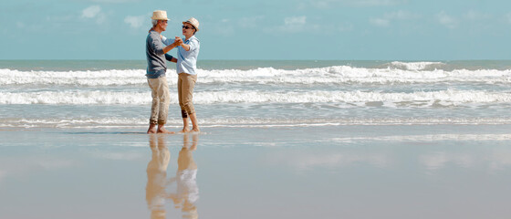 Happy asian senior couple dancing on beach with blue sky background