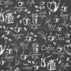 Vintage style. Hand-drawn Collection Sketches of hot drinks on the blackboard. Seamless background. Vector illustration.