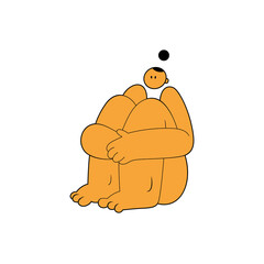 The girl sits and hugs her legs with her hands. Funny vector illustration of a woman. Happy summer stock vector illustration with woman isolated on a white background.