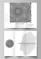 The minimal vector illustration layouts. Modern creative covers design templates for trifold brochure or flyer. Abstract 3D geometrical background with optical illusion black and white design pattern.