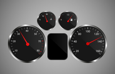 Car dashboard in a realistic style. Fuel gauge Temperature sensor. Speedometer.
