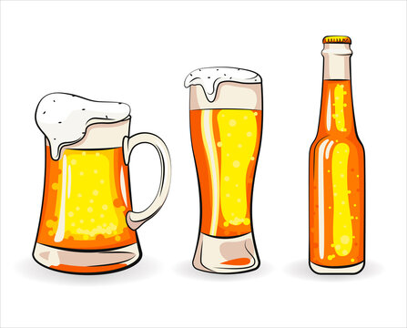 Beer  On White Background. Vector Colored Illustration of Fresh Cold Summer Beer, a cup of beer. Mug of beer.  Vibrant colors. Vector illustration. 