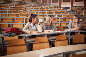 Young female students talking in amphitheater - obrazy, fototapety, plakaty