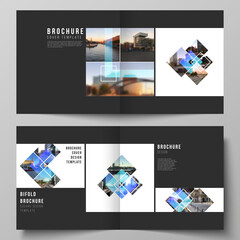 The vector illustration of the editable layout of two covers templates for square design bifold brochure, magazine, flyer, booklet. Creative trendy style mockups, blue color trendy design backgrounds.