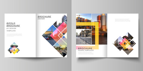 Vector layout of two A4 format modern cover mockups design templates for bifold brochure, magazine, flyer, booklet, annual report. Creative trendy style mockups, blue color trendy design backgrounds.