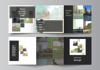 Vector layout of square format covers design templates for trifold brochure, flyer, cover design, book design, brochure cover. Abstract project with clipping mask green squares for your photo.