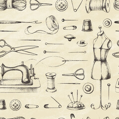 Set of needlework - scissors, measuring tape, mannequin, sewing. Retro vintage style. Seamless pattern. Vector illustration