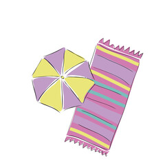 Naklejka premium Umbrella and beach towel on white isolated backdrop. Travel sticker hand drawn set for bath tile, invitation or gift card, travel agency. Phone case or cloth print. Doodle style vector illustration