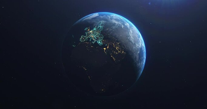 Planet Earth from Space European Union Countries highlighted teal glow, 2020 political borders and counties, city lights, animation 3d illustration, elements of this image courtesy of NASA
