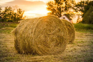 Strohballen auf einem Feld bei Sonnenuntergang