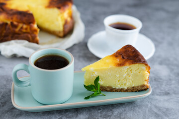 Portion of cheesecake with coffee.