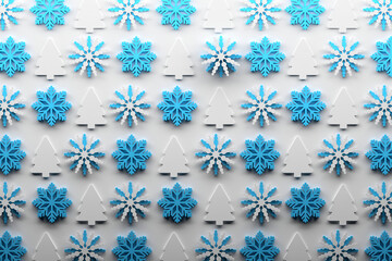 Christmas pattern background with repeating snowflakes and Christmas trees in blue white colors