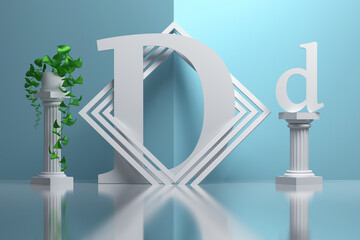 Large bold letter D in composition with greek columns and potted plants