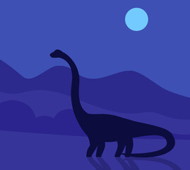 sauropod, vector illustration with dinosaur at night