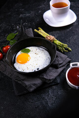 fried egg with bacon Breakfast, Fried Eggs! Fried eggs. Breakfast for the rich. The most delicious breakfast with coffee