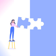 Mission completion or completed task concept. Businesswoman inserting last piece of jigsaw puzzle. Successful work metaphor, vector illustration