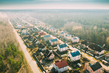 Gomel, Belarus. Aerial Bird's-eye View Of Suburb Cityscape Skyline In Sunny Spring Day
