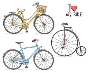 Set with different models of bicycles. Colorful vector illustration in sketch style. Hand-drawn.