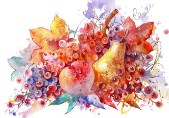 Obraz na płótnie Canvas Beautiful fruits in watercolor. Fruit on a white background. Grapes, peaches and pears. Colorful handmade watercolors. Colorful fruit isolated on white background.