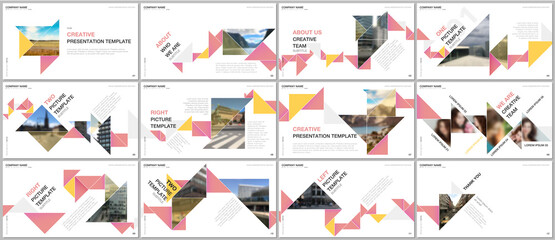 Minimal presentations design, portfolio vector templates with colorful triangle origami paper elements. Multipurpose template for presentation slide, flyer leaflet, brochure cover, report, marketing. - obrazy, fototapety, plakaty
