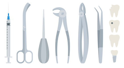 Dental tools vector illustration in flat design. Set dental equipment for tooth extracting.