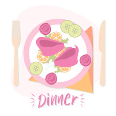 The concept of the dinner. A plate with a chicken dish on a napkin with a fork and knife. Greens, tomatoes and cucumbers on a plate. The food was flat. Vector illustration of a flat design.