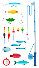 Fishing tools for the fisherman. Vector flat icons. Fishing as a hobby.