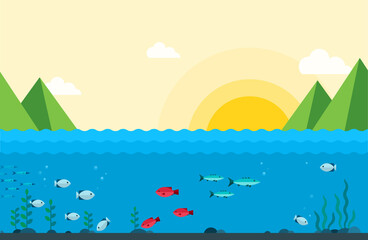 Fishing on the river at sunrise. Vector flat illustrations. Nature landscape in yellow, blue colors.