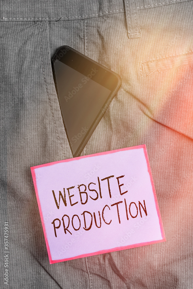 Fototapete Text sign showing Website Production. Business photo showcasing creating sites with layout content and graphic design Smartphone device inside formal work trousers front pocket near note paper