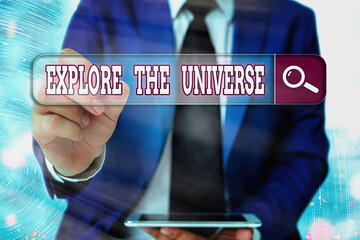 Writing note showing Explore The Universe. Business concept for Space and Scientific discovery of...