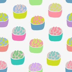 Hand painted seamless pattern with colorful cupcakes on white background. 